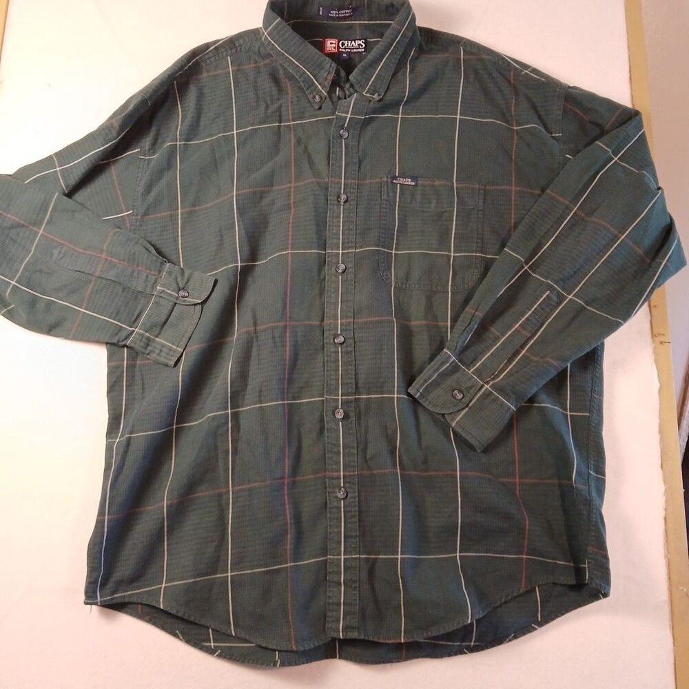 Chaps Ralph Lauren Mens XL 100% Cotton Green Plaid Long Sleeve Shirt